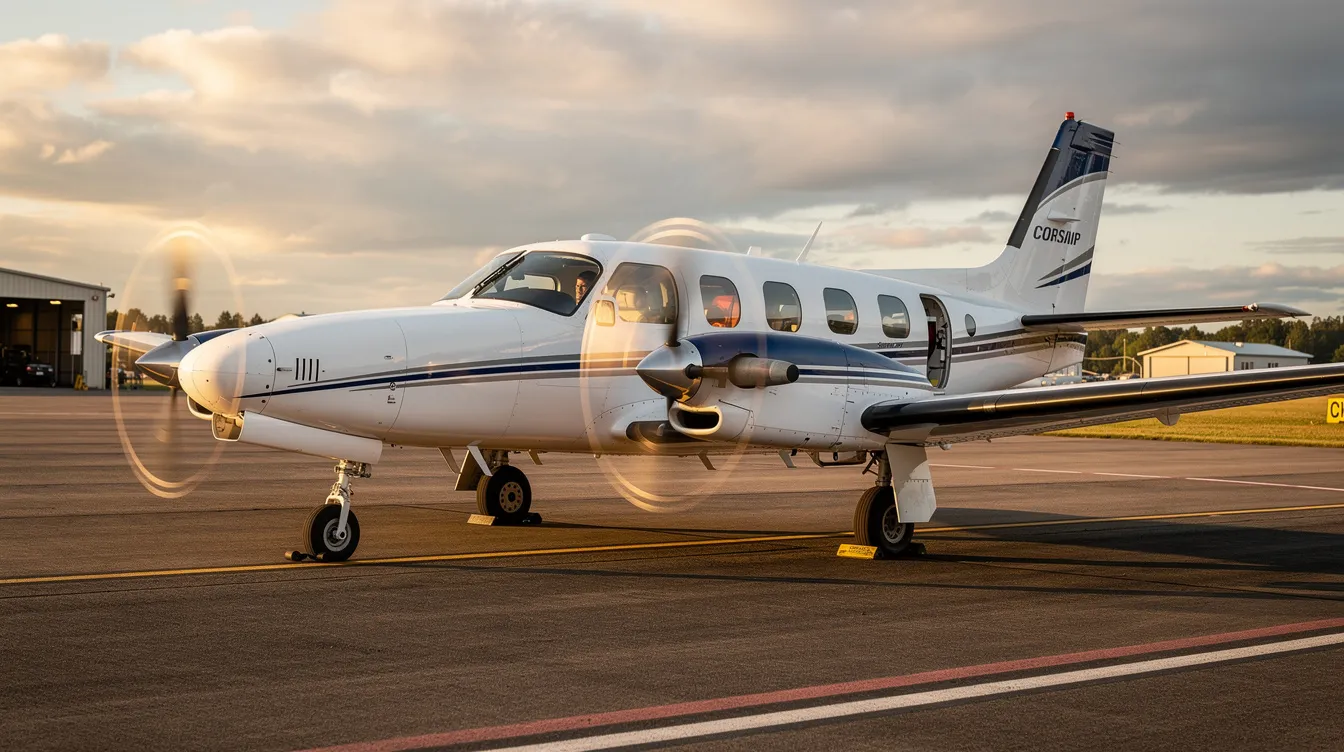 The image features a Cessna 425 Corsair, a sleek turboprop aircraft known for its wide oval cabin and large windows that provide good visibility. This model, which includes advanced Collins avionics and is designed for single pilot operation, showcases its impressive performance capabilities and comfortable seating for passengers.