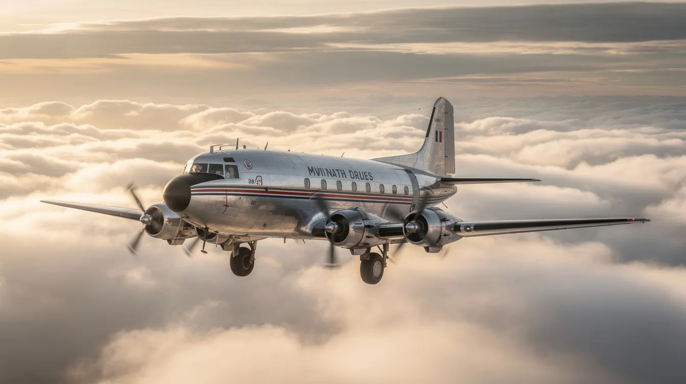 A vintage commercial airliner, characterized by its sleek fuselage and large jet engines, gracefully flies through a sea of fluffy white clouds, embodying the spirit of aviation and the joy of flight. The aircraft, designed for passenger service, showcases the innovations of its time as it soars at high altitudes.