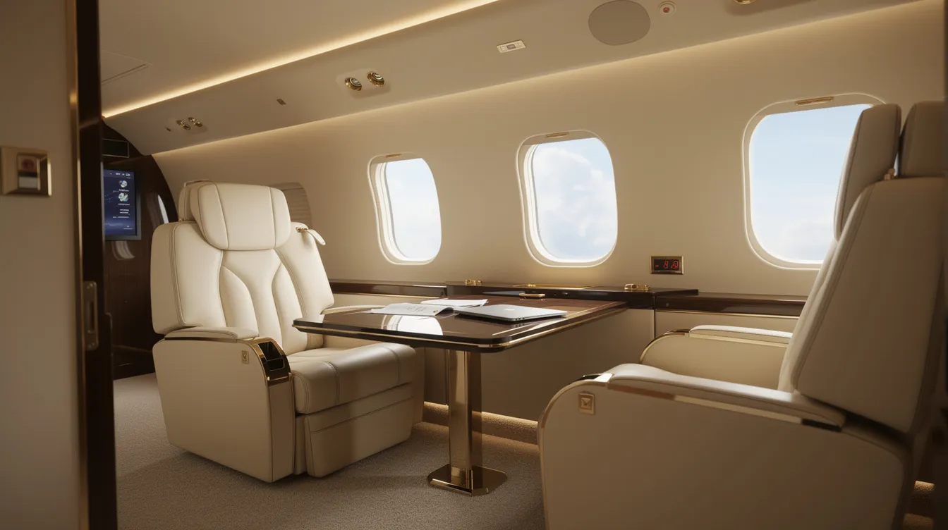 The image depicts the interior of a luxury business jet cabin, featuring plush leather seats arranged for comfort and privacy, designed to enhance the flying experience for passengers. Soft lighting and elegant finishes create a sophisticated atmosphere within the jet aircraft, reflecting the high standards of aviation luxury.