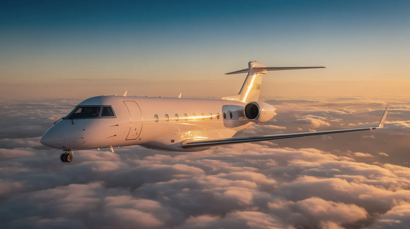 The image showcases a sleek private jet aircraft, featuring a streamlined fuselage and powerful jet engines, ready for takeoff. This luxurious plane is designed for speed and comfort, catering to passengers who seek a high-end aviation experience.