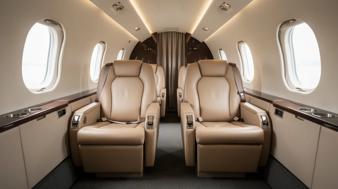 The image depicts the interior of a six-seat aircraft cabin featuring luxurious leather club seating, designed for comfort during long trips. This arrangement is typical in models like the Piper Saratoga II, offering ample space for passengers and cargo.
