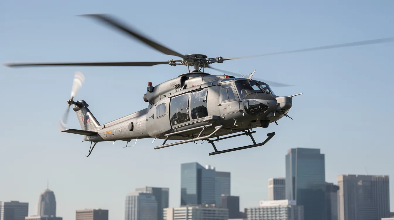 A modern helicopter is flying against a clear blue sky, with city buildings visible in the background, showcasing its unique capabilities in vertical flight. This aircraft exemplifies the versatility and power of helicopters in urban environments, often used for transport, rescue missions, and support operations.