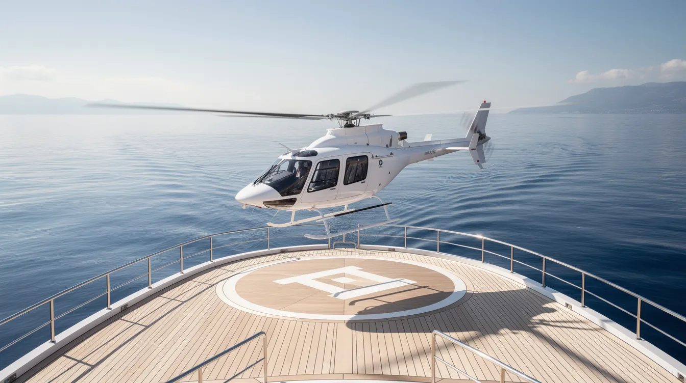 A military helicopter is gracefully landing on the deck of a yacht, surrounded by calm blue waters. The scene captures the unique capabilities of rotorcraft as it hovers above the deck, demonstrating precision and control in a serene maritime environment.