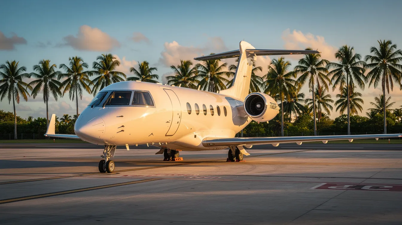 A sleek, modern private jet is parked on the tarmac of Luis Muñoz Marín International Airport, with lush tropical palm trees in the background, highlighting the airport's connection to international destinations and regional flights in San Juan. The scene captures the essence of the aviation industry in the Caribbean, showcasing the facilities and operations of one of the busiest airports in the region.