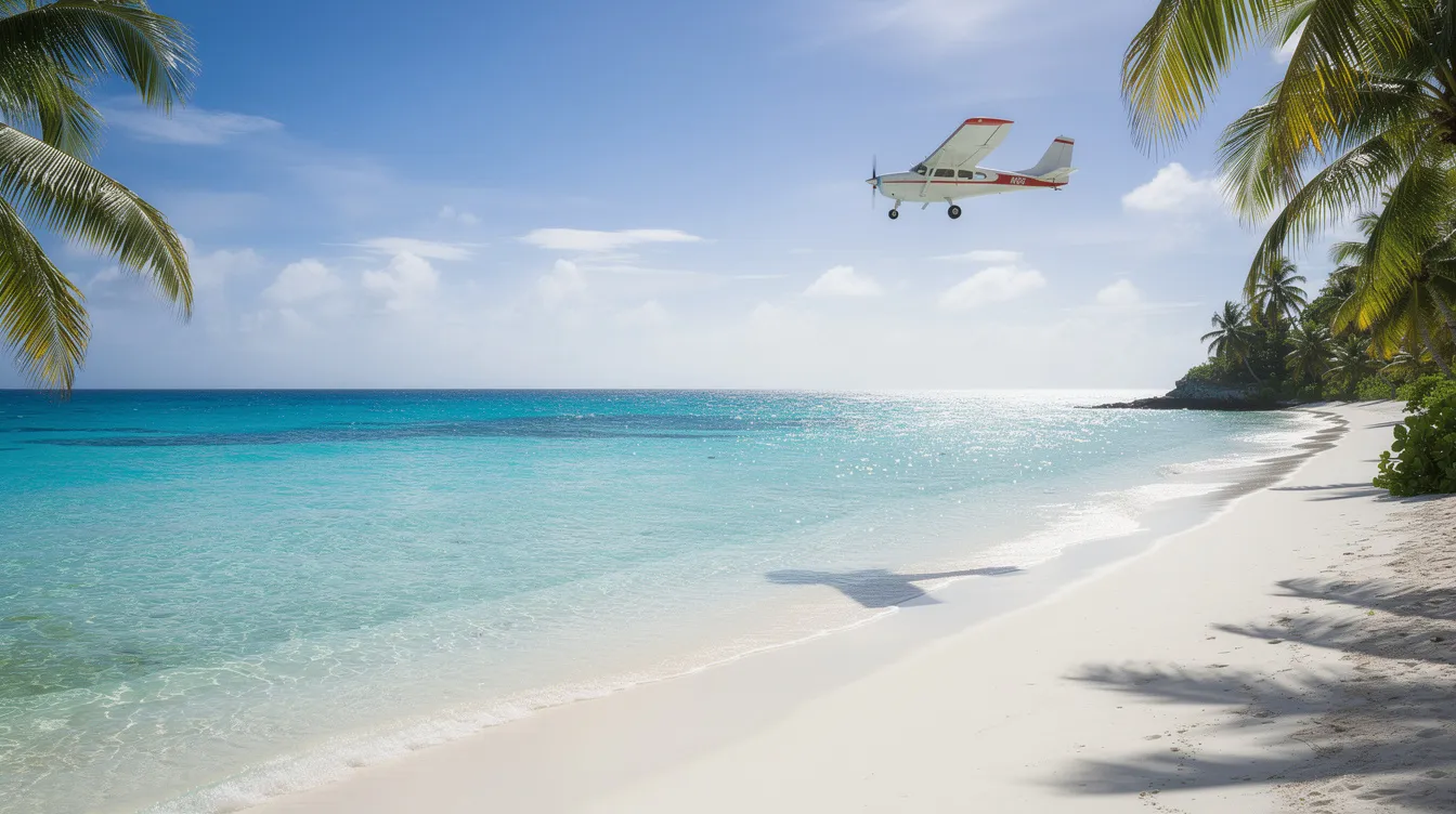 A stunning view of a crystal-clear Caribbean beach is depicted, with a small aircraft flying in the bright blue sky above. This picturesque scene reflects the beauty of the region, often served by major airlines from the Luis Muñoz Marín International Airport in San Juan, connecting travelers to various international destinations and other Caribbean islands.