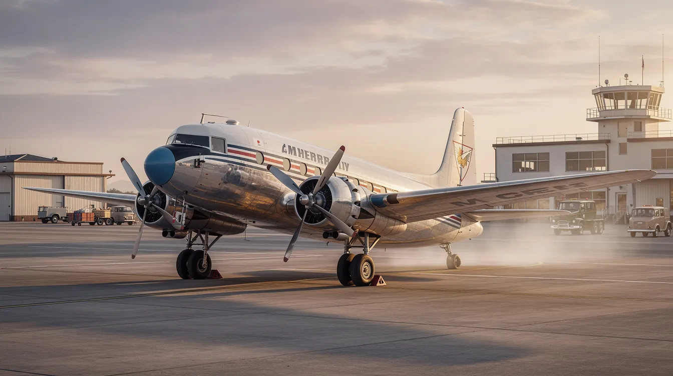 A vintage commercial airliner from the 1950s sits on an airport tarmac, showcasing its elegant fuselage and large wings. This classic jet aircraft represents a pivotal era in aviation history, offering a glimpse into the airline industry's past.