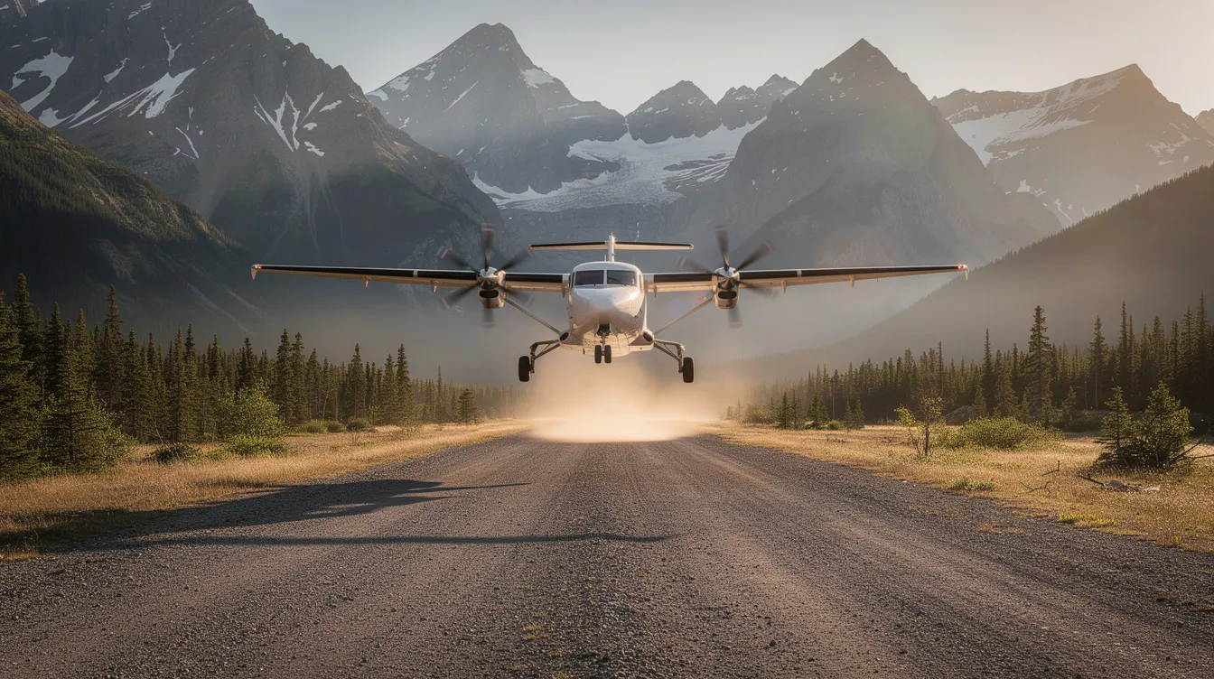 A turboprop aircraft is landing on a small mountain airstrip, showcasing its unique wings and fuselage as it descends towards the ground. This efficient aircraft is designed for short-haul flights, providing access to remote locations in the world of aviation.