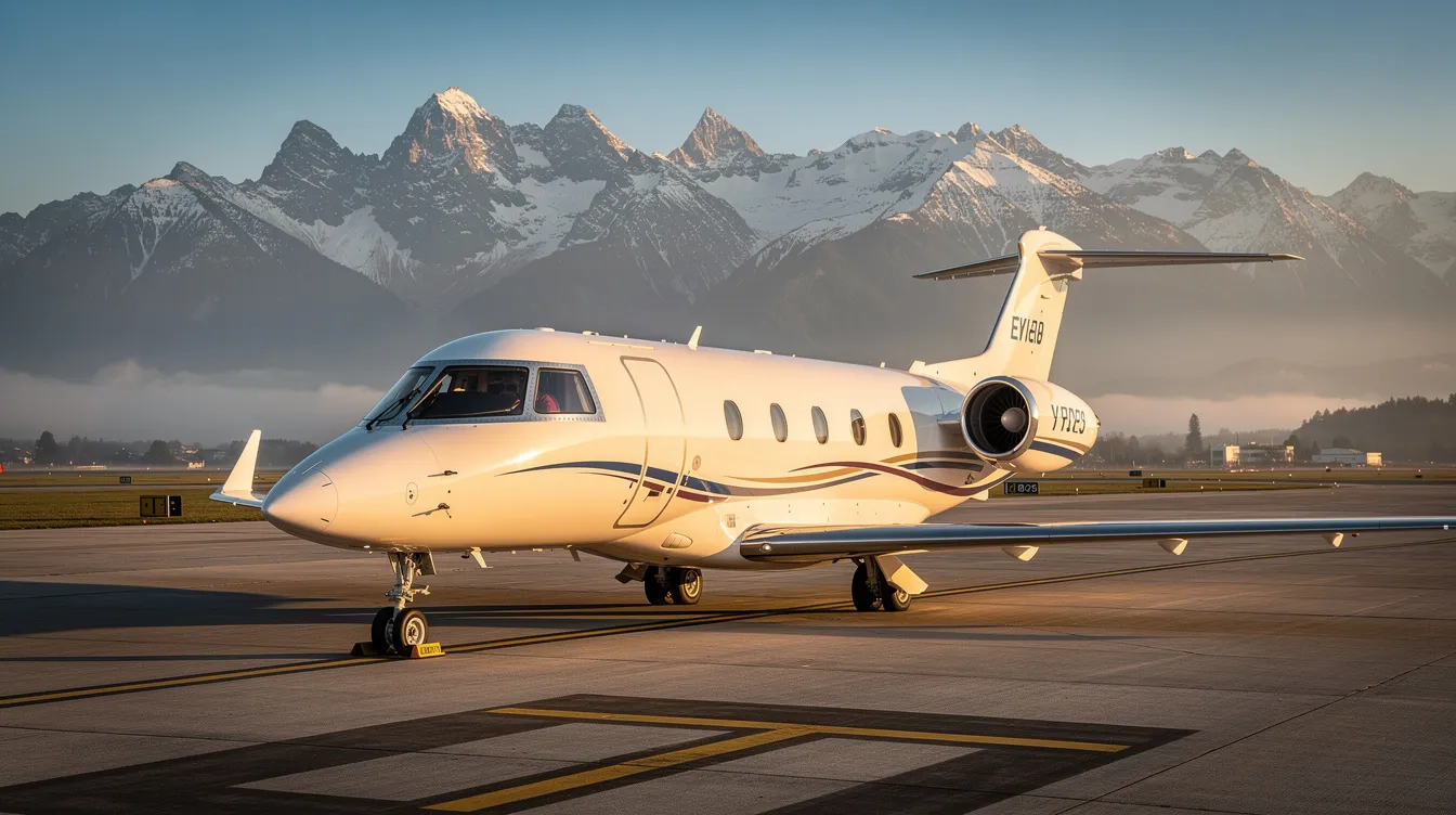 A sleek private jet is parked on a runway, with majestic mountains rising in the background, highlighting the beauty of air travel and the capabilities of modern jet aircraft. The jet's polished fuselage and powerful engines suggest luxury and efficiency, making it an ideal choice for passengers seeking a new era of aviation.