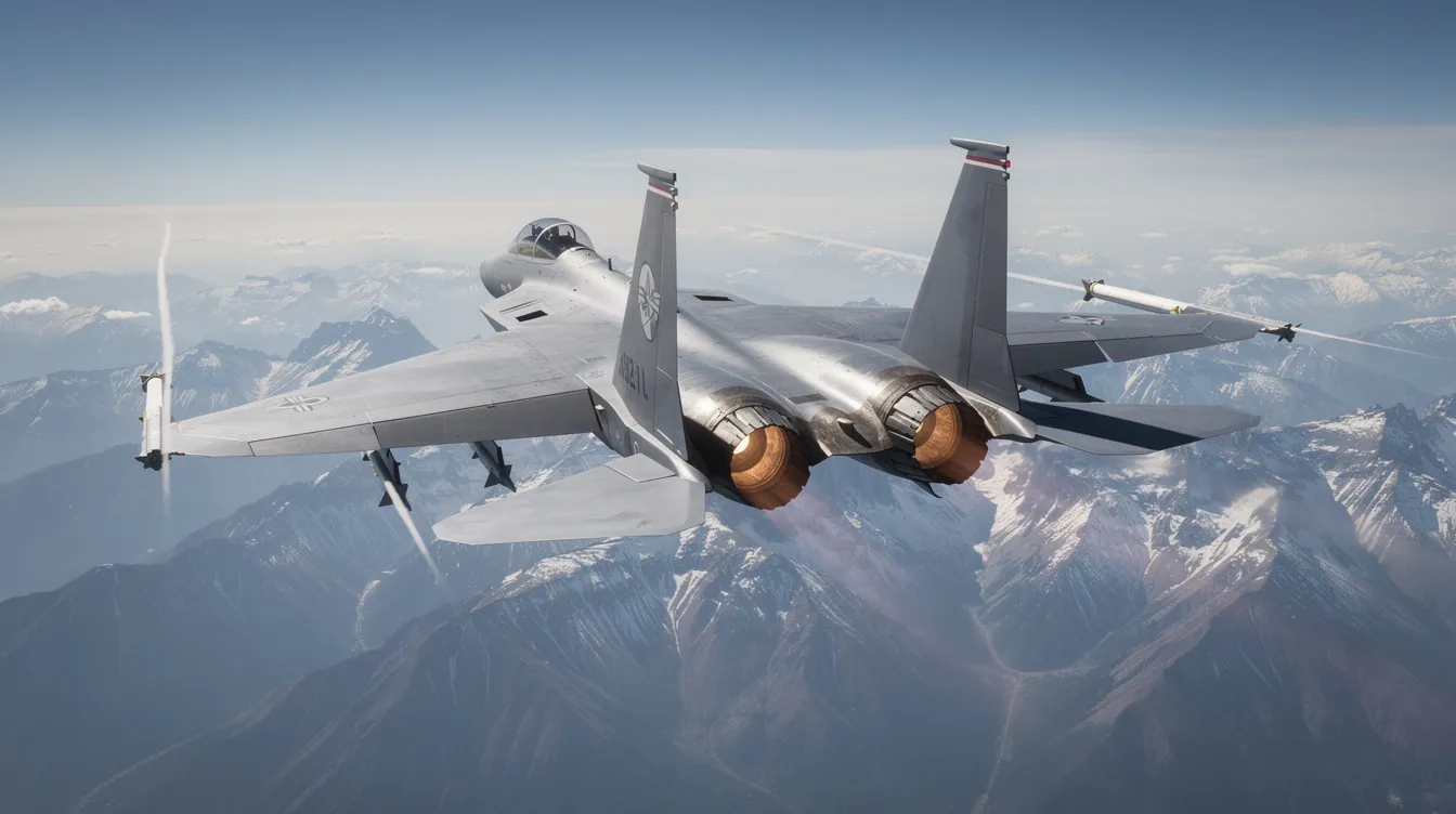 An F-15 Eagle air superiority fighter jet soars at high altitude, with majestic mountains visible below, showcasing its advanced avionics and capabilities for air combat. The aircraft's sleek design and external fuel tanks highlight its operational service and mission systems, making it a vital component of the global fleet.