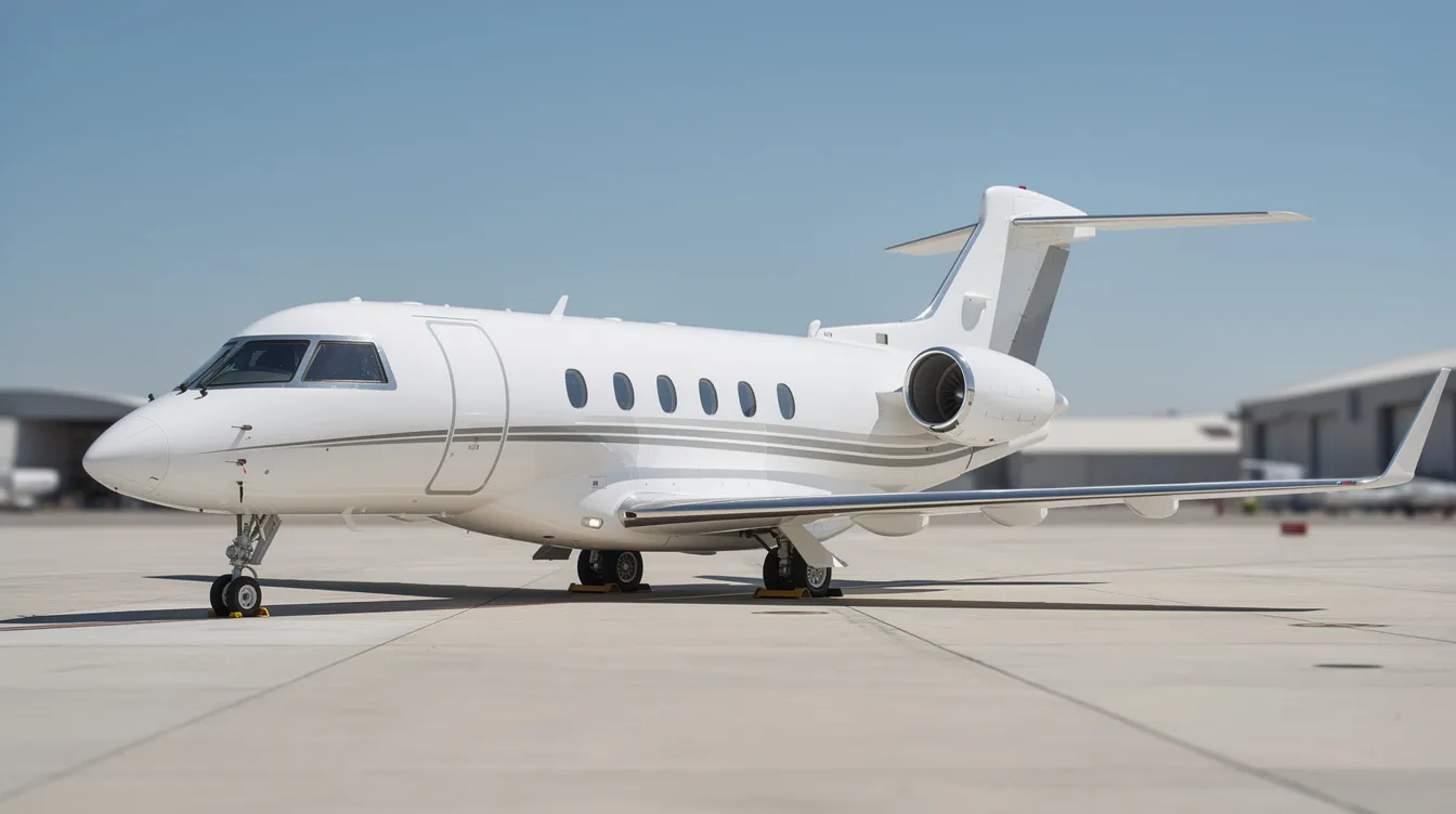 The image features a sleek white private business jet parked on a tarmac, set against a backdrop of a clear blue sky. This aircraft, designed for high-performance missions, symbolizes advanced technology and luxury in aviation.