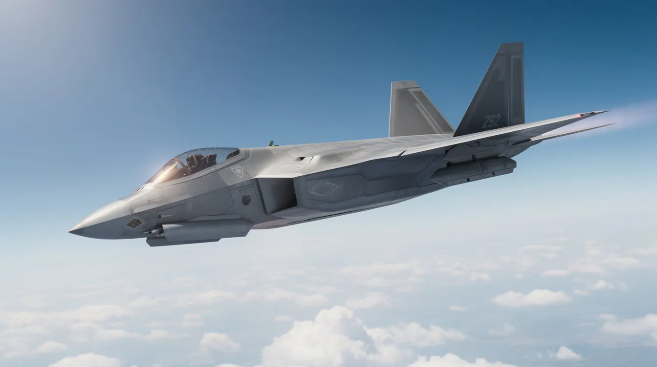 An F-22 Raptor fighter jet is soaring through a clear blue sky, with fluffy clouds visible below, showcasing its advanced avionics and stealth capabilities. This air superiority fighter, developed by Lockheed Martin, represents the pinnacle of modern air combat technology.