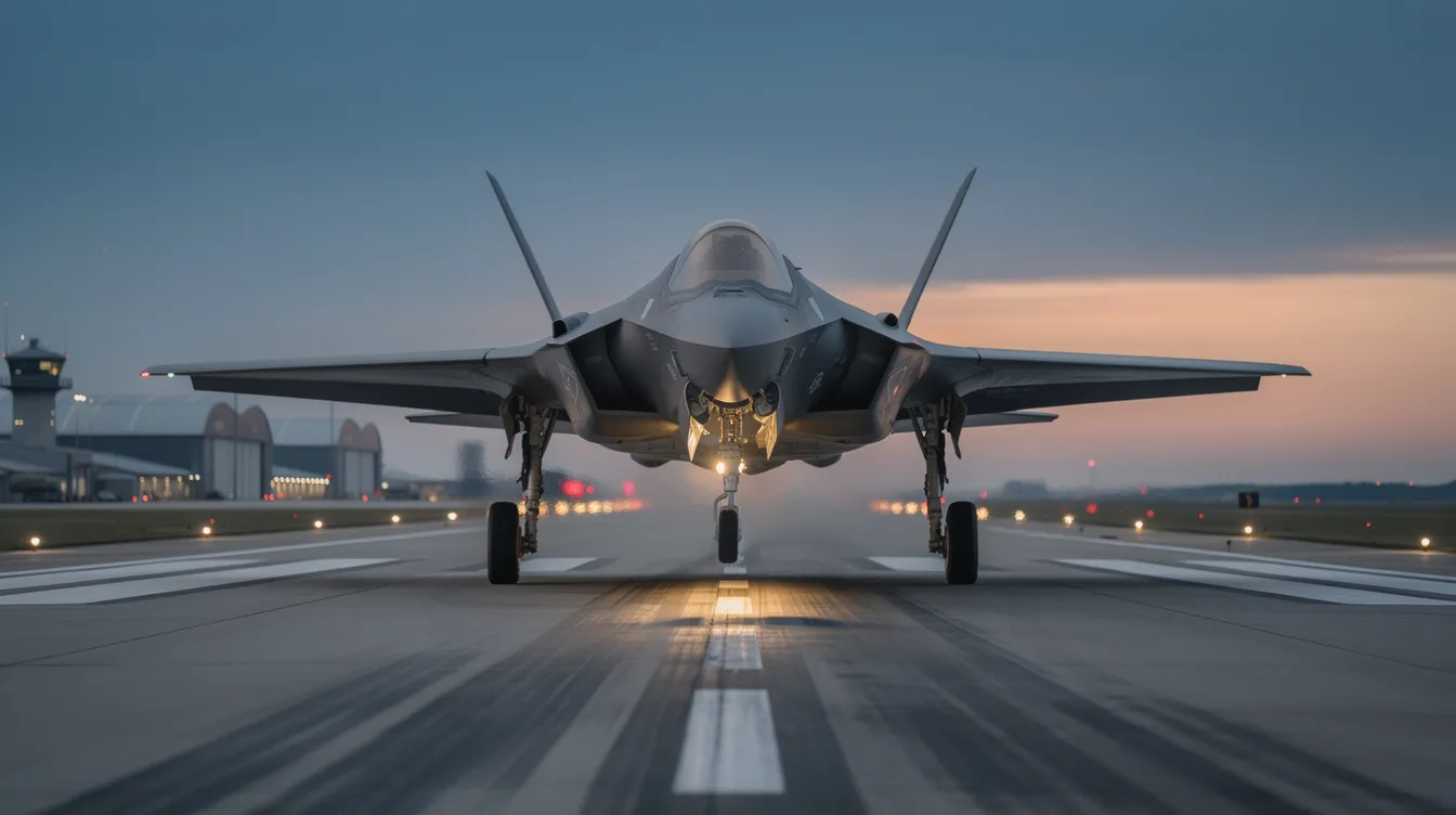 An F-35 Lightning II fighter jet is shown taking off from a military runway, showcasing its advanced avionics and stealth capabilities. The aircraft, designed for air superiority and ground attack missions, is part of a global fleet that enhances air combat operations for the air force.