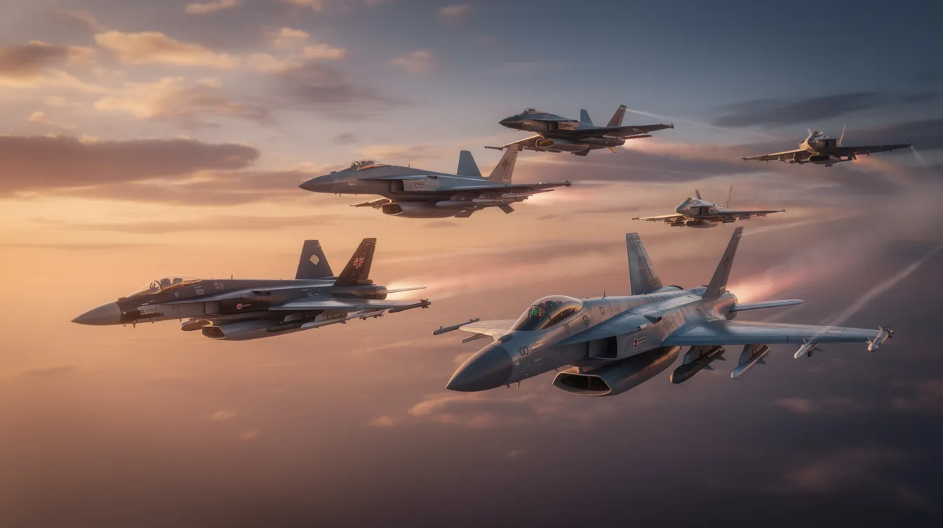 The image features multiple military fighter jets flying in tight formation against a vibrant sunset sky, showcasing their sleek designs and advanced technology. These air superiority fighters, including models like the F-22 Raptor and F-35 Lightning, symbolize the capabilities and power of the air force in modern air combat.