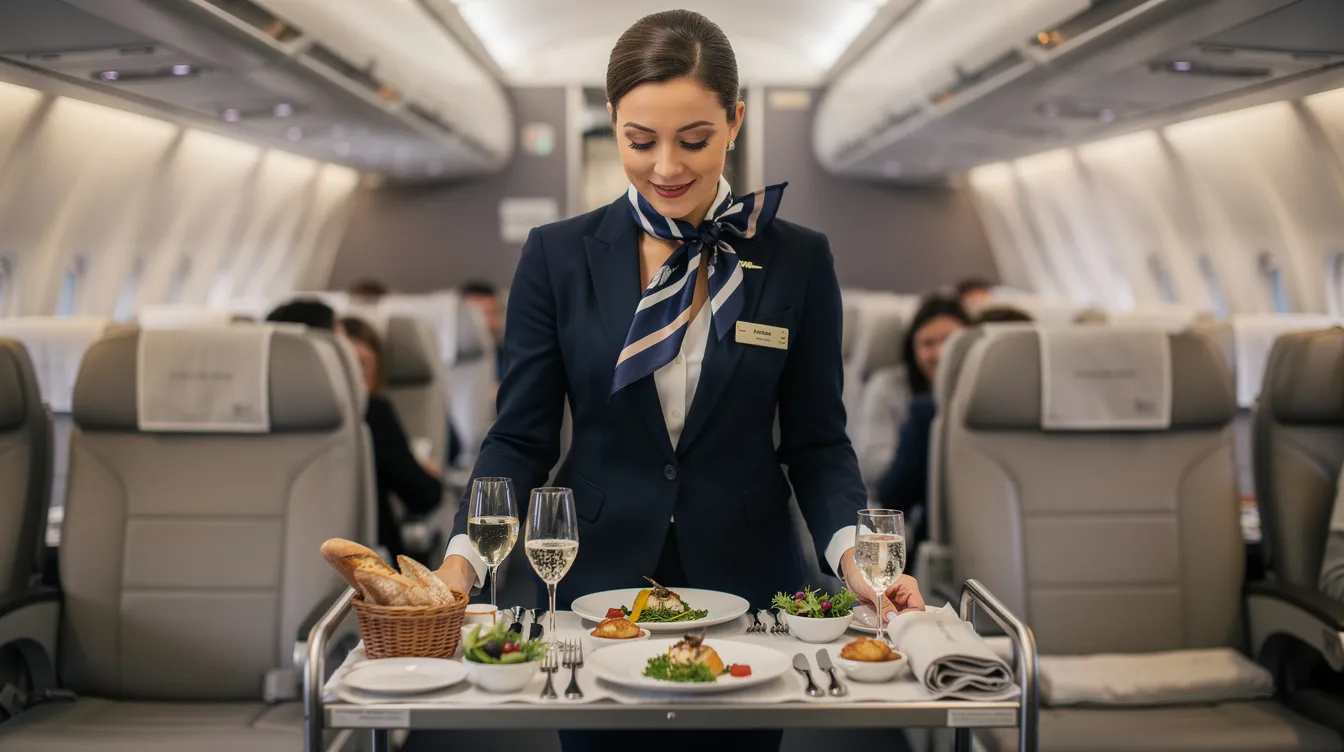 A flight attendant in a crisp, professional uniform is elegantly arranging a gourmet meal presentation on a private jet, showcasing their commitment to service excellence for the passengers. This scene highlights the attention to detail and hospitality expected in private aviation and flight attendant jobs.