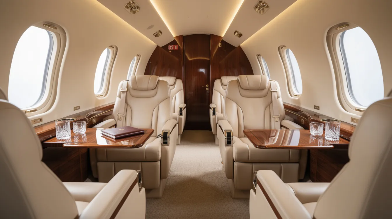 The image showcases the interior of a luxury private jet cabin, featuring cream leather seats and elegant wooden accents, designed for the comfort of passengers. This sophisticated environment reflects the high standards of private aviation, where flight attendants are dedicated to providing exceptional service excellence to ensure a memorable travel experience.