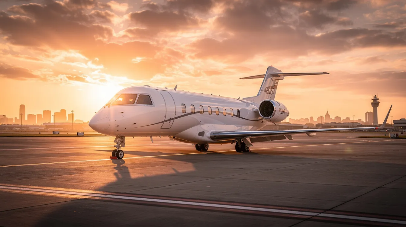 A private jet is parked on the tarmac, bathed in the warm hues of a golden hour sunset, symbolizing luxury and private travel. This serene scene reflects the world of corporate aviation, where flight attendants are dedicated to service excellence and safety for their passengers.