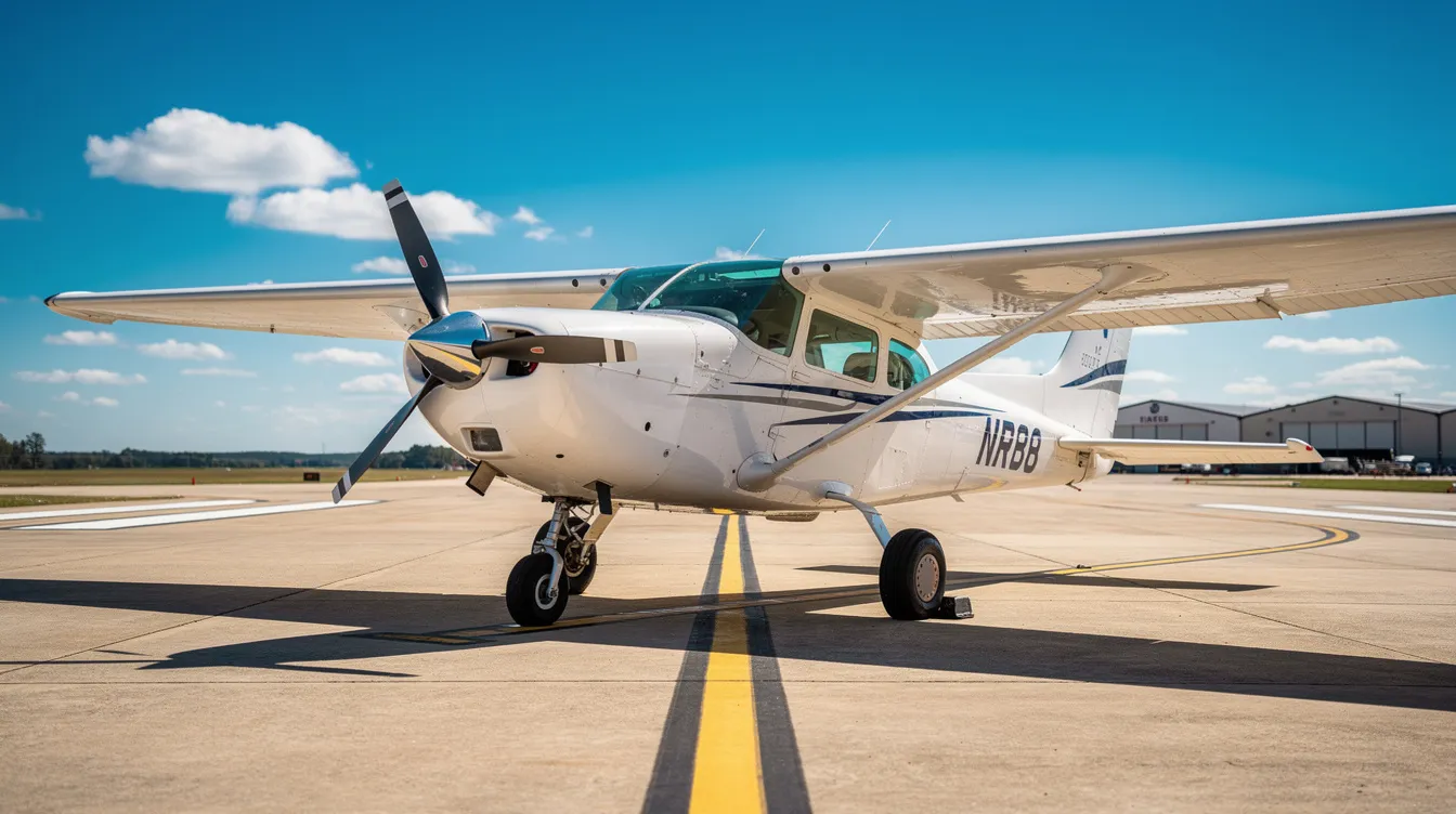 A small Cessna training aircraft is parked on a sunny runway under a clear blue sky, symbolizing the beginning of an aviation career for aspiring pilots. This scene reflects the essence of flight training and the journey towards obtaining a private pilot certificate.