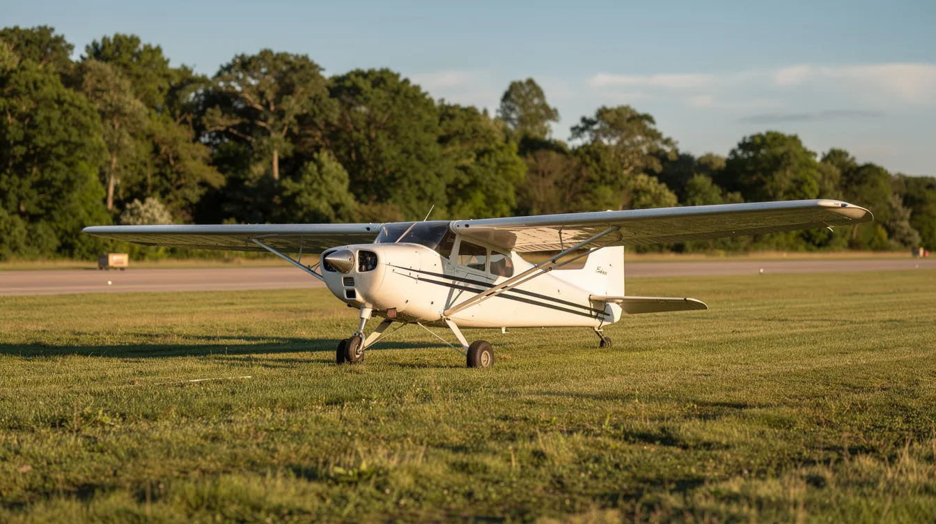 A small high-wing taildragger aircraft, resembling the n3 pup, is parked on a grassy airstrip with trees in the background, showcasing its lightweight construction and generous wing area. This amateur-built aircraft highlights its purpose-built engine and is designed for optimal performance and flight efficiency.
