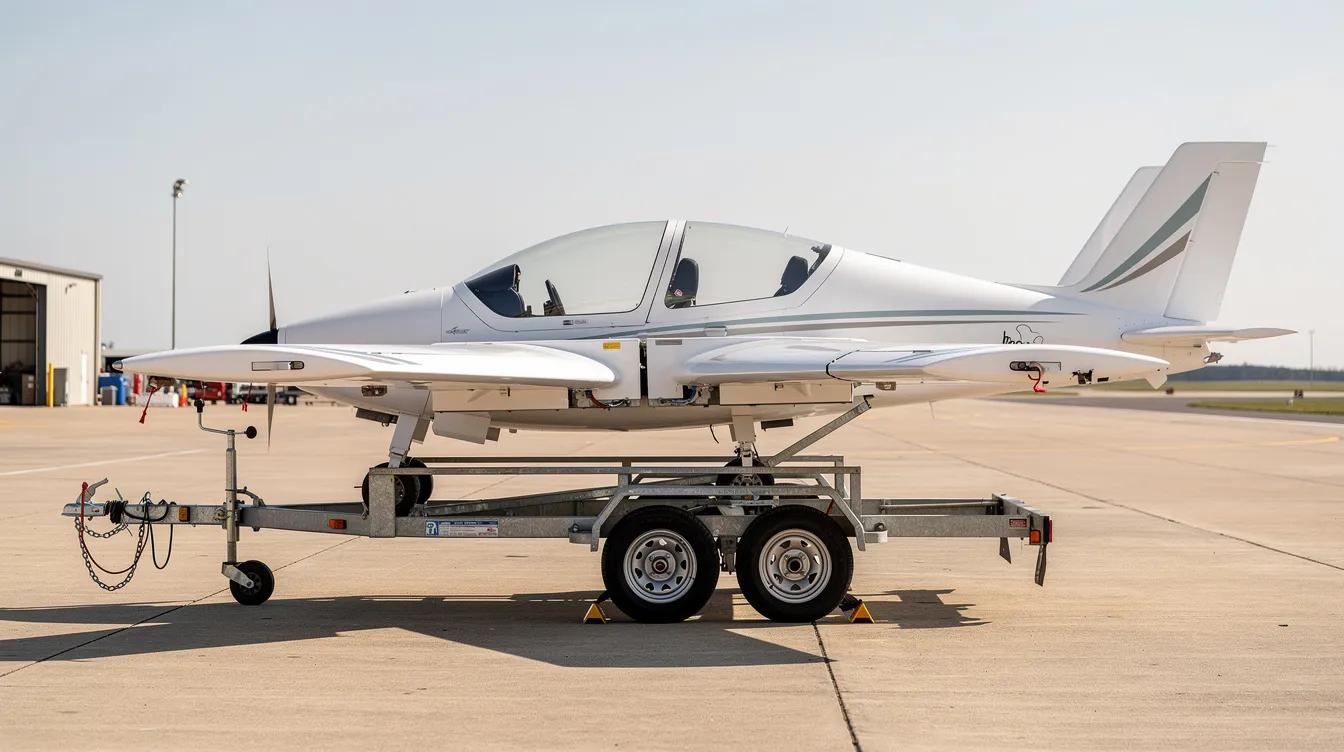 The image shows a side view of a tandem two-seat light aircraft with its wings folded, mounted on a trailer. This amateur-built aircraft features a high wing configuration and is designed for ground transport, showcasing its lightweight construction and generous wing area.