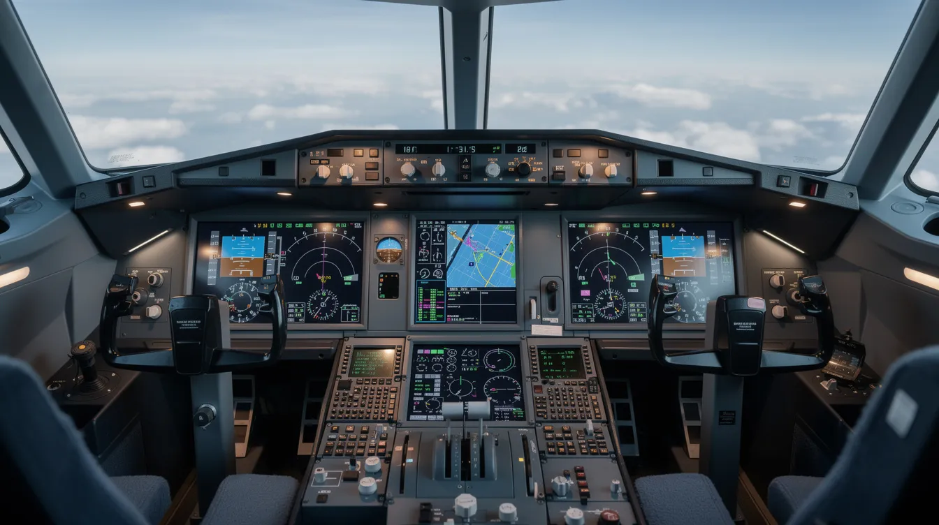 The image features a modern glass cockpit in a Cirrus SR22 aircraft, showcasing multiple digital displays and control panels that enhance flight operations. This advanced cockpit design includes vital information for pilots, such as flight planning, safety systems, and engine performance metrics, all integral to the aviation industry.
