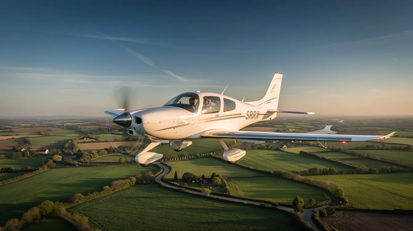A sleek Cirrus SR22 aircraft is soaring over lush green countryside under a clear blue sky, showcasing its modern design and advanced safety systems, including the Cirrus airframe parachute system. The single-engine piston aircraft exemplifies the innovation within the aviation industry, offering pilots a blend of performance and safety during flight.