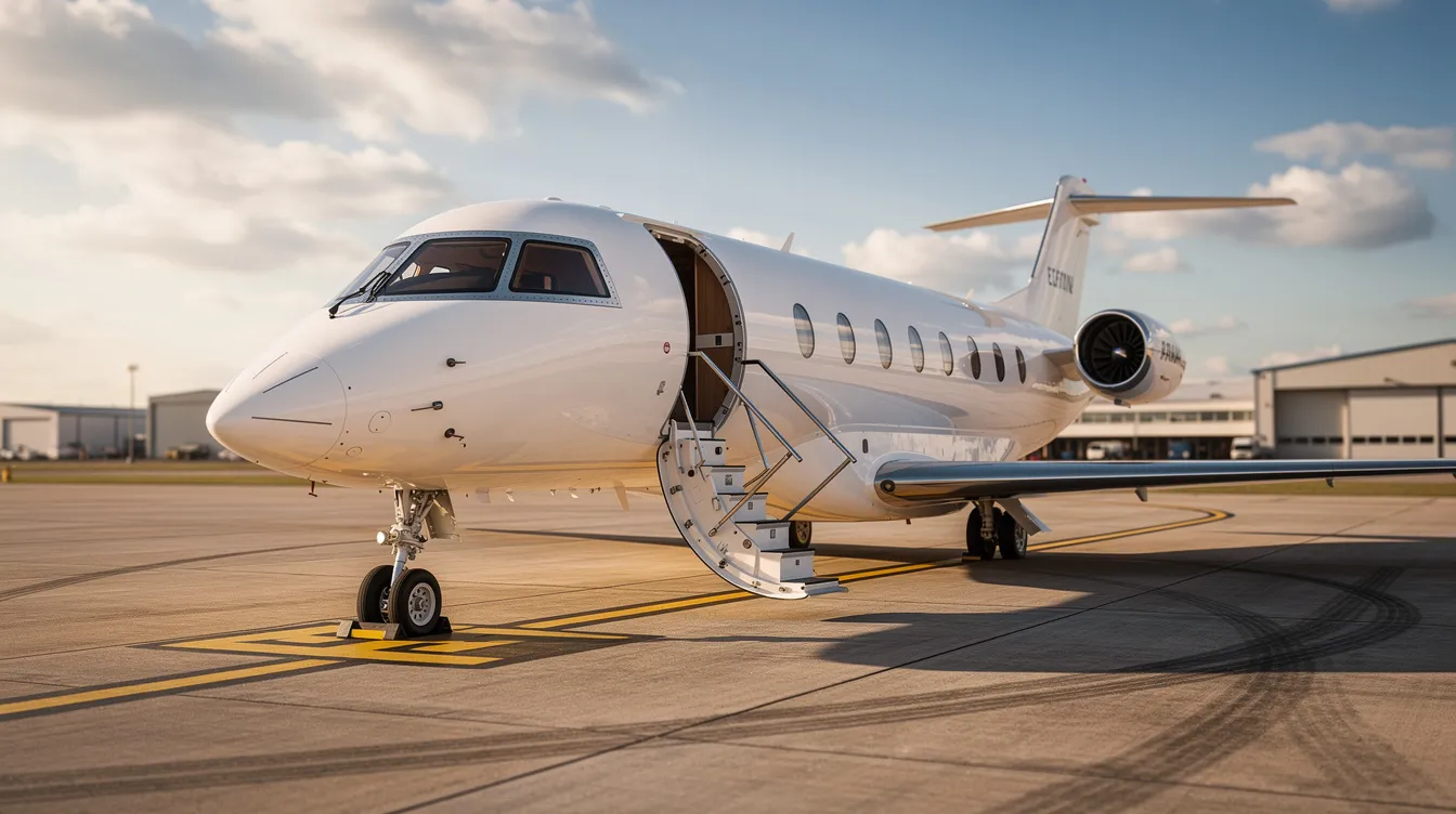 A Cirrus SR22 private jet is parked on the airport tarmac with its passenger stairs extended, showcasing its sleek composite airframe and modern design features. This single-engine piston aircraft is equipped with advanced safety systems, including the Cirrus Airframe Parachute System, making it a popular choice in the general aviation industry.
