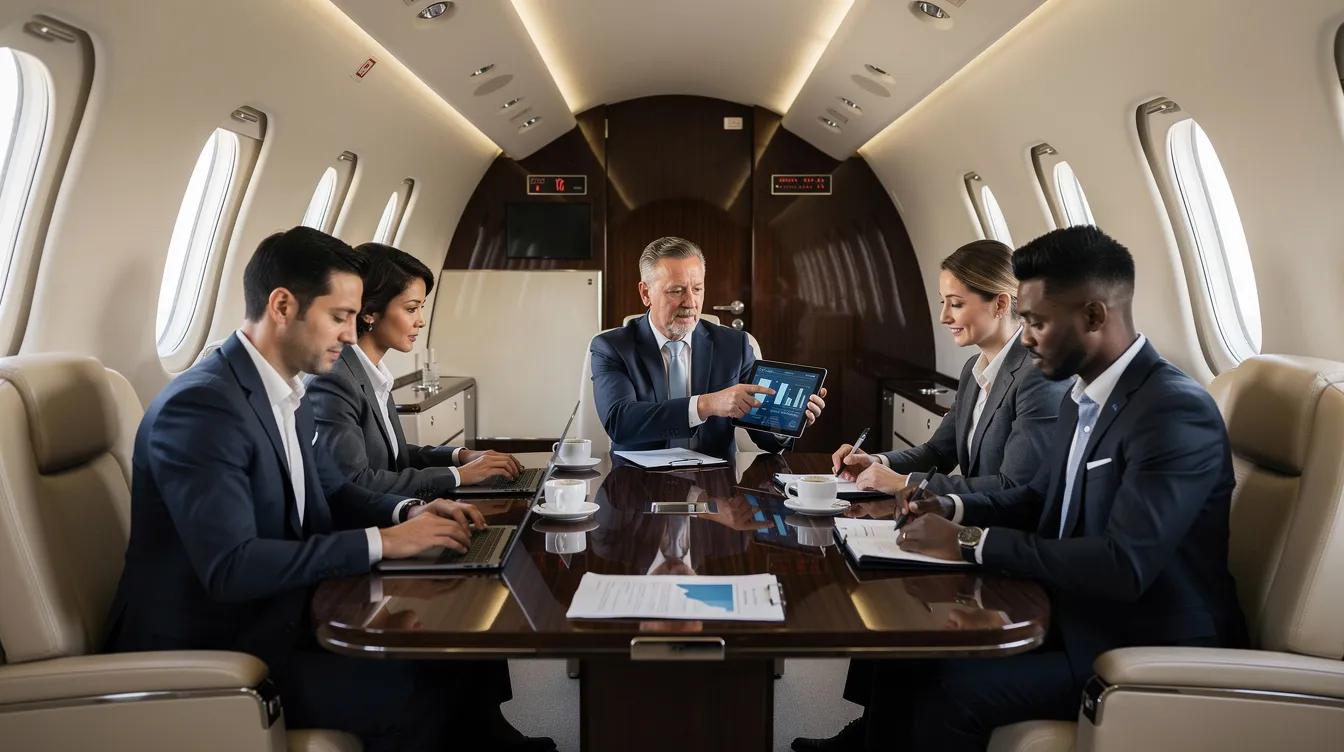 A group of business travelers is actively working around a sleek conference table inside a luxury private jet, showcasing a world-class experience in private aviation. The scene highlights the global jet team’s commitment to excellence and precision in business aviation, providing a comfortable and efficient environment for their partners.