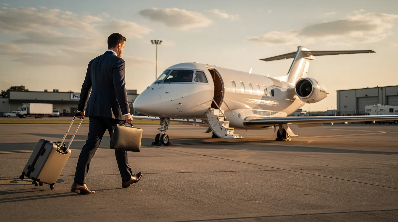 A business traveler is walking across the tarmac towards a small private jet at a regional airport, ready to take a flight for an important meeting. The scene captures the essence of travel, highlighting the convenience of booking plane tickets and the luxury of private air travel.