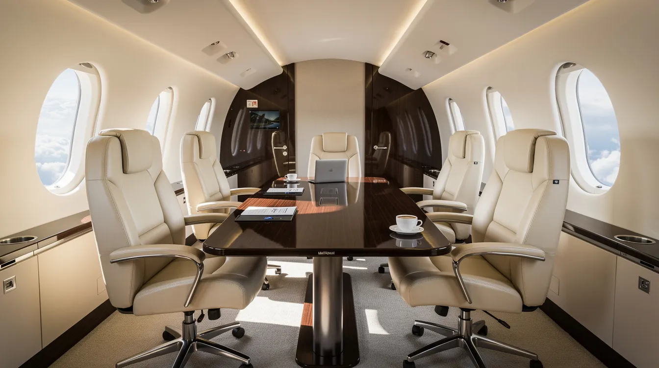 The image depicts the interior of a midsize private jet, featuring luxurious leather seats arranged around a conference table, ideal for business meetings while flying. The elegant design and spacious layout highlight the comfort of private air travel, making it a perfect choice for those booking flights with airline miles or looking for fine deals on plane tickets.