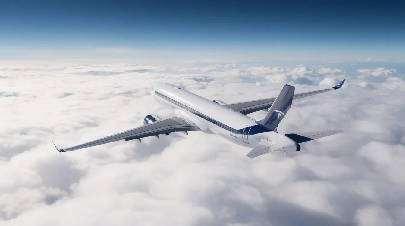 A modern commercial aircraft soars high above a blanket of fluffy white clouds, symbolizing the journey of international flights and the excitement of finding cheap flights. This image captures the essence of travel, inviting viewers to explore flight deals and search for the best options for their next trip.