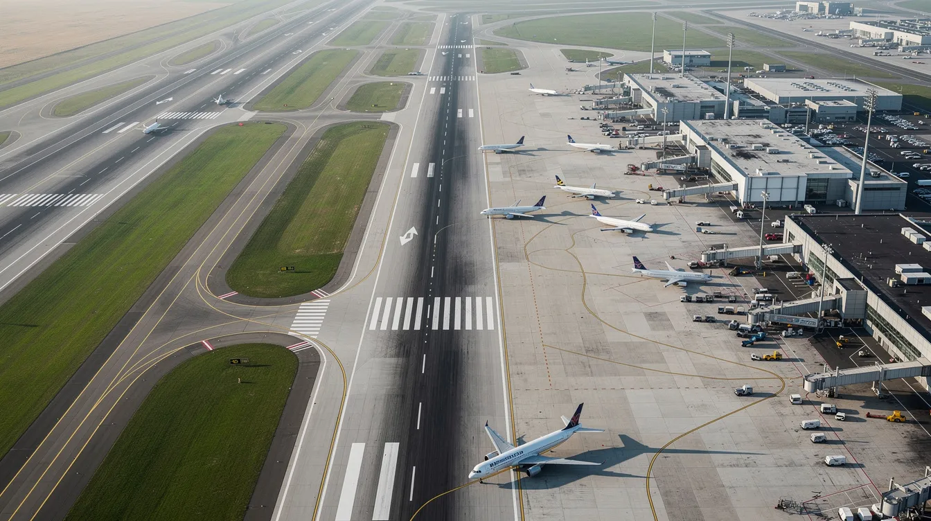An aerial view captures multiple airport runways bustling with commercial aircraft taxiing, showcasing the organized chaos of air travel. This scene highlights the importance of using flight search tools like Google Flights to find cheap flights and track flight prices for your next trip.