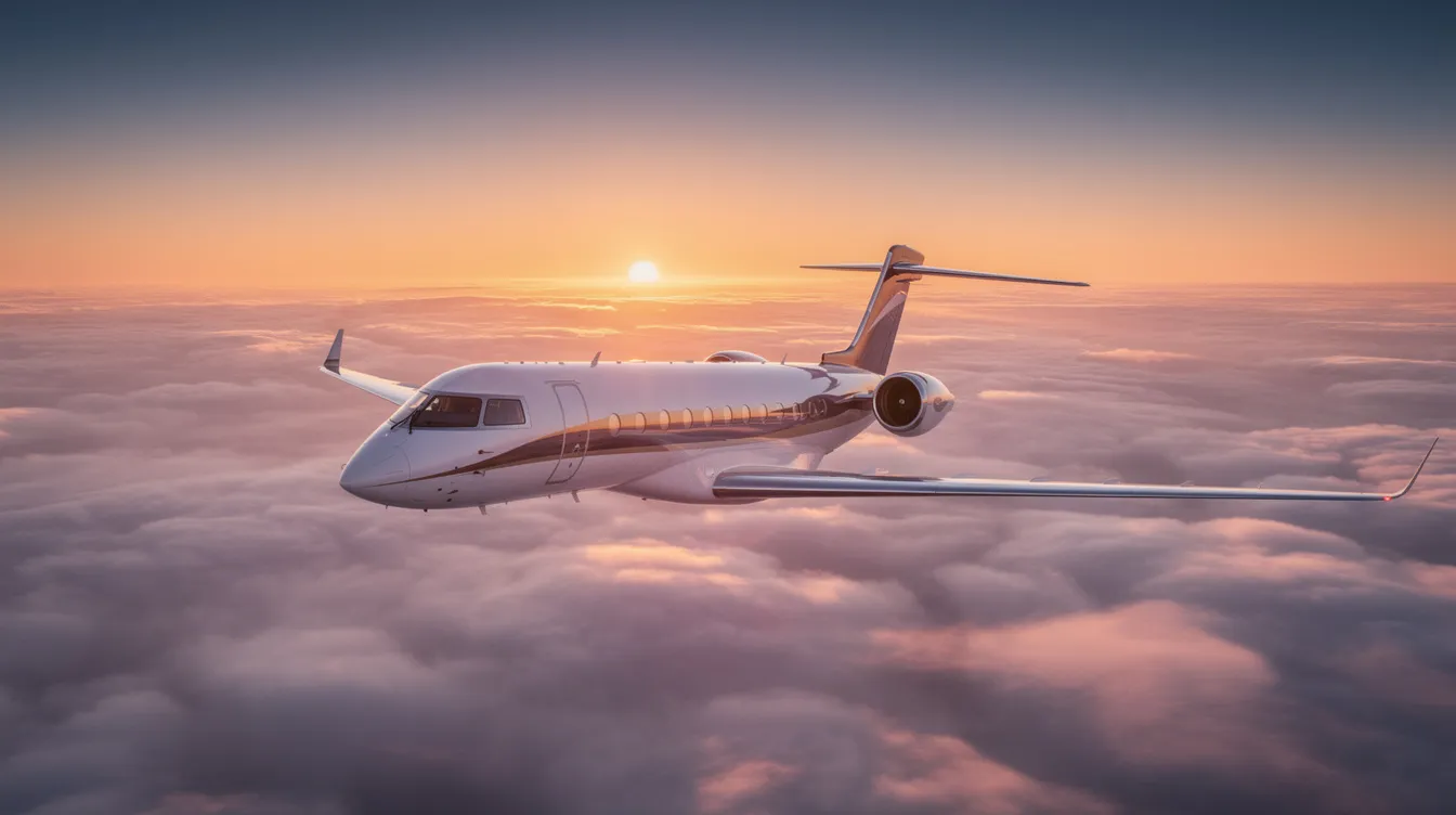 A sleek modern private jet soars gracefully above a sea of fluffy clouds, illuminated by the warm hues of a stunning sunset. This luxurious aircraft represents the ultimate in travel accommodations, offering a seamless booking experience for those seeking unforgettable vacation possibilities.