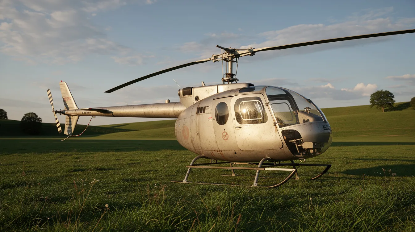 A vintage Bell 47 helicopter, known for its distinctive bubble canopy, is parked on a grassy field, showcasing its unique capabilities as one of the first successful helicopters in aviation history. The helicopter's rotor head and tail rotor are clearly visible, emphasizing its design for vertical flight and versatility in various missions.
