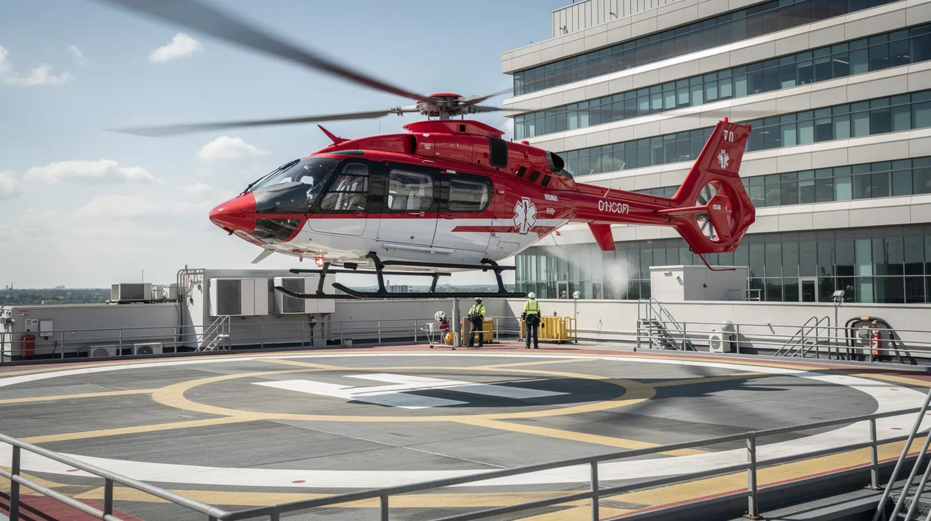 A red and white air ambulance helicopter is landing on a hospital helipad, showcasing its unique capabilities for medical evacuation missions. The helicopter's rotor blades are in motion, demonstrating its ability to perform vertical takeoff and landing.