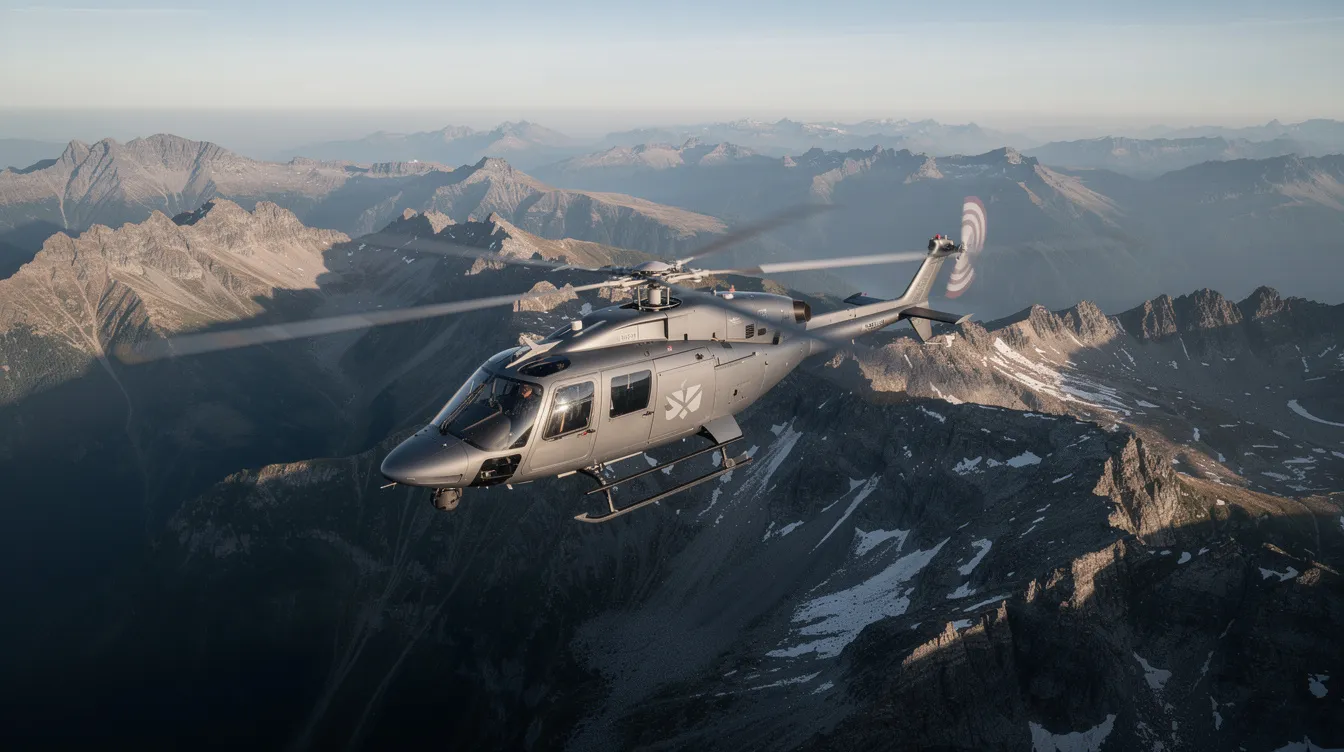 A twin-engine helicopter, showcasing its main rotor and tail rotor, is flying gracefully over rugged mountainous terrain, demonstrating the unique capabilities of modern helicopters in vertical flight. The aircraft's powerful engines enable it to navigate the challenging landscape with ease.
