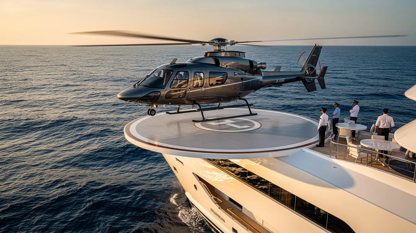 A sleek private helicopter is landing vertically on a yacht's helipad, with the vast ocean stretching out in the background. The image captures the unique capabilities of modern helicopters, showcasing their ability to perform vertical takeoff and landing in luxurious settings.