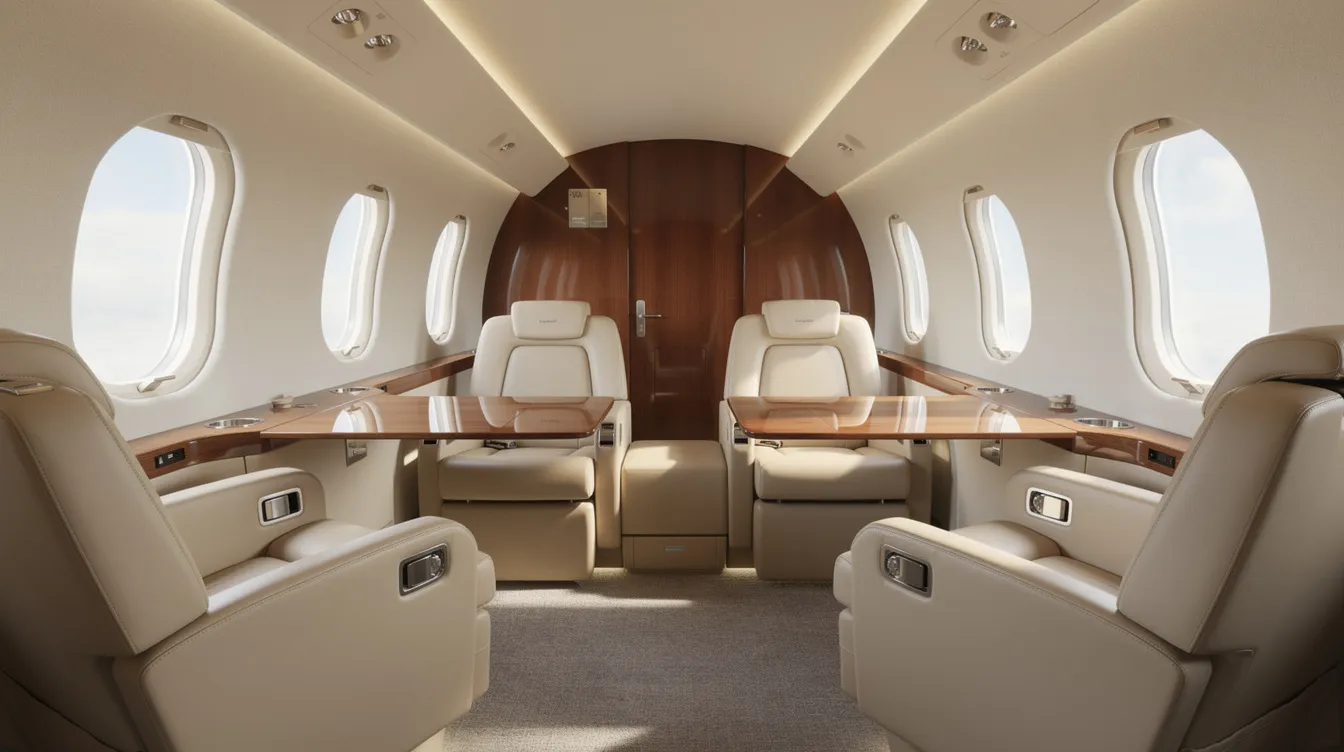 The image depicts the interior of a Bombardier Challenger 300 private jet, featuring luxurious leather club seating and large windows that provide ample natural light. This spacious cabin is designed for utmost comfort, making it ideal for private flights and business travel.