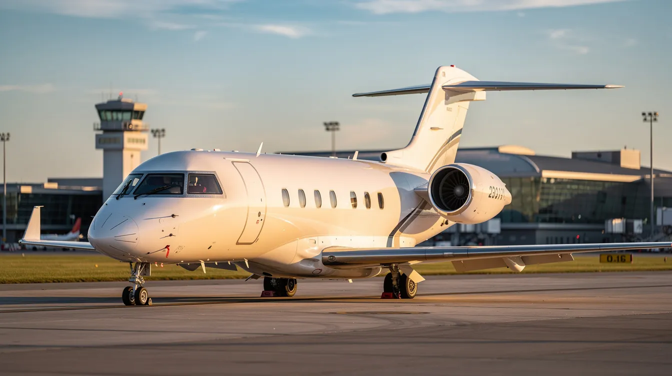 The image features a Bombardier Challenger 300, a super midsize business jet known for its impressive range and spacious cabin. This private jet is designed for utmost comfort, equipped with a private lavatory and amenities that cater to passengers flying non-stop to various destinations.