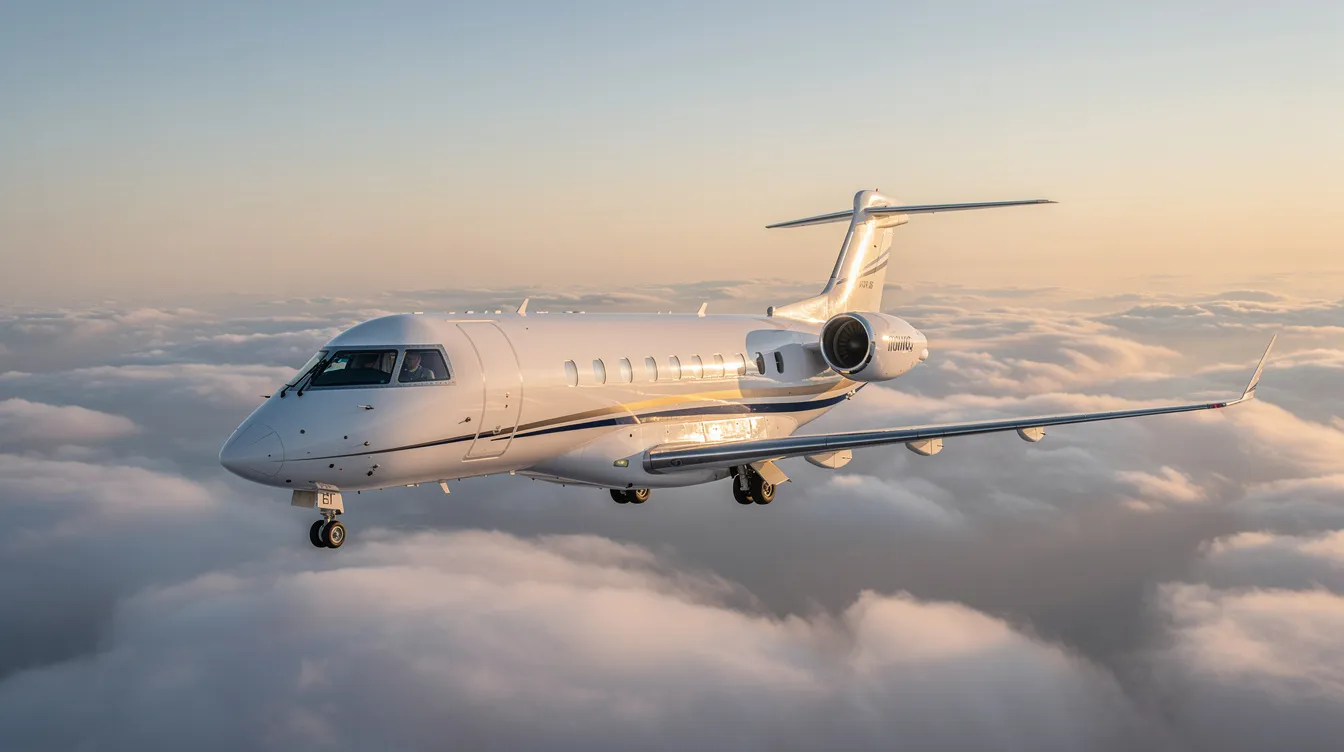 The image depicts a Bombardier Challenger 300 private jet, showcasing its sleek design and spacious cabin, ideal for business travelers seeking utmost comfort during their private flight. This super midsize business jet is equipped with key features such as a private lavatory and impressive range, making it a popular choice for transcontinental journeys.
