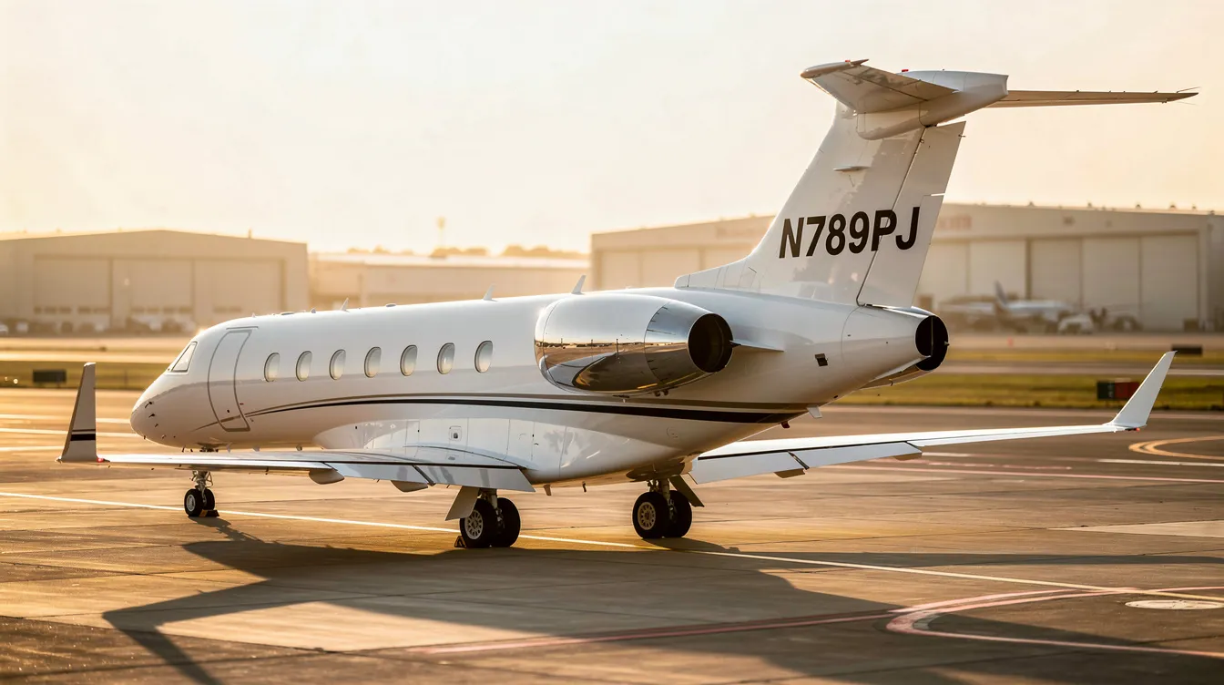 A private jet is parked on the tarmac, clearly displaying its tail number registration, which can be used for aircraft identification and lookup. The image captures the sleek design of the aircraft, emphasizing its status as a light sport aircraft.