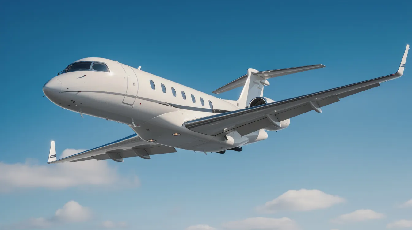 A private jet, specifically a Cessna Citation X, is soaring through a clear blue sky, showcasing its sleek swept wings and elliptical winglets. This aircraft, designed for maximum efficiency and speed, represents the pinnacle of private aviation, offering a luxurious flying experience.