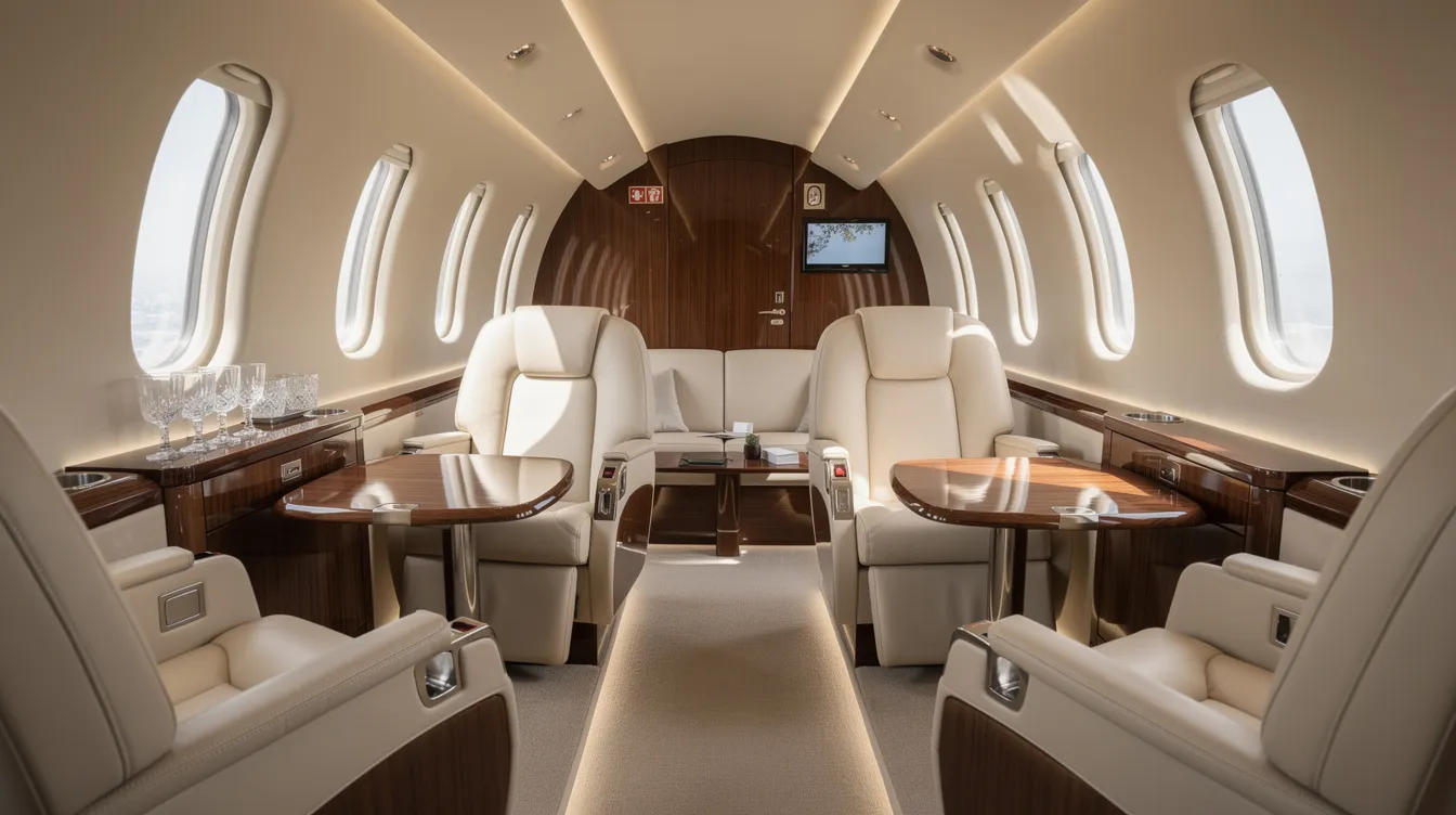 The image depicts the luxurious interior of a private jet cabin, featuring plush leather seats and elegant wood trim, designed for comfort and style in private aviation. This Cessna Citation model showcases a spacious layout, perfect for passengers flying privately in a business jet setting.