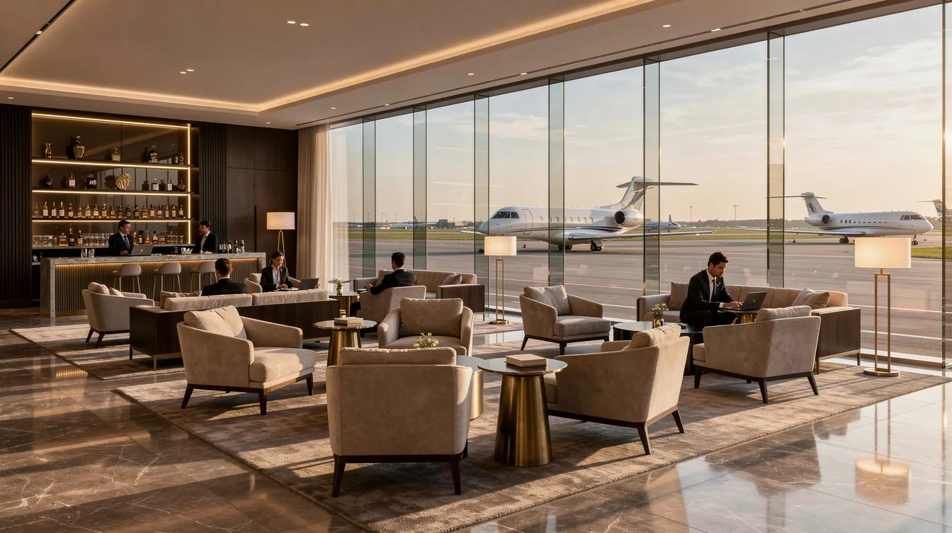 The image depicts an elegant private terminal lounge featuring floor-to-ceiling windows that provide a stunning view of the runway, creating a luxurious atmosphere for passengers embarking on private flights. This serene setting emphasizes the convenience and comfort of private aviation, making it an ideal space for travelers preparing for their journey.