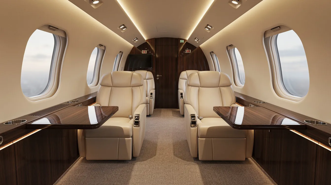 The image showcases the interior of a luxurious private jet cabin, featuring plush cream leather seats and elegant wood accents, designed for an exceptional flight experience. This private aviation setting reflects comfort and sophistication, perfect for leisure or business travel.