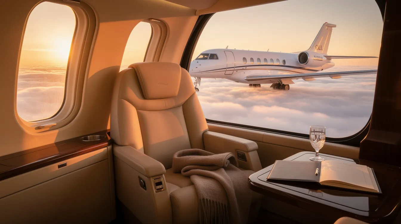 The image depicts a luxurious private jet ready for takeoff, showcasing its sleek design and spacious cabin. This private airplane ride offers passengers a unique opportunity to travel with convenience and flexibility, flying to their desired destination while enjoying the comfort of private aviation.