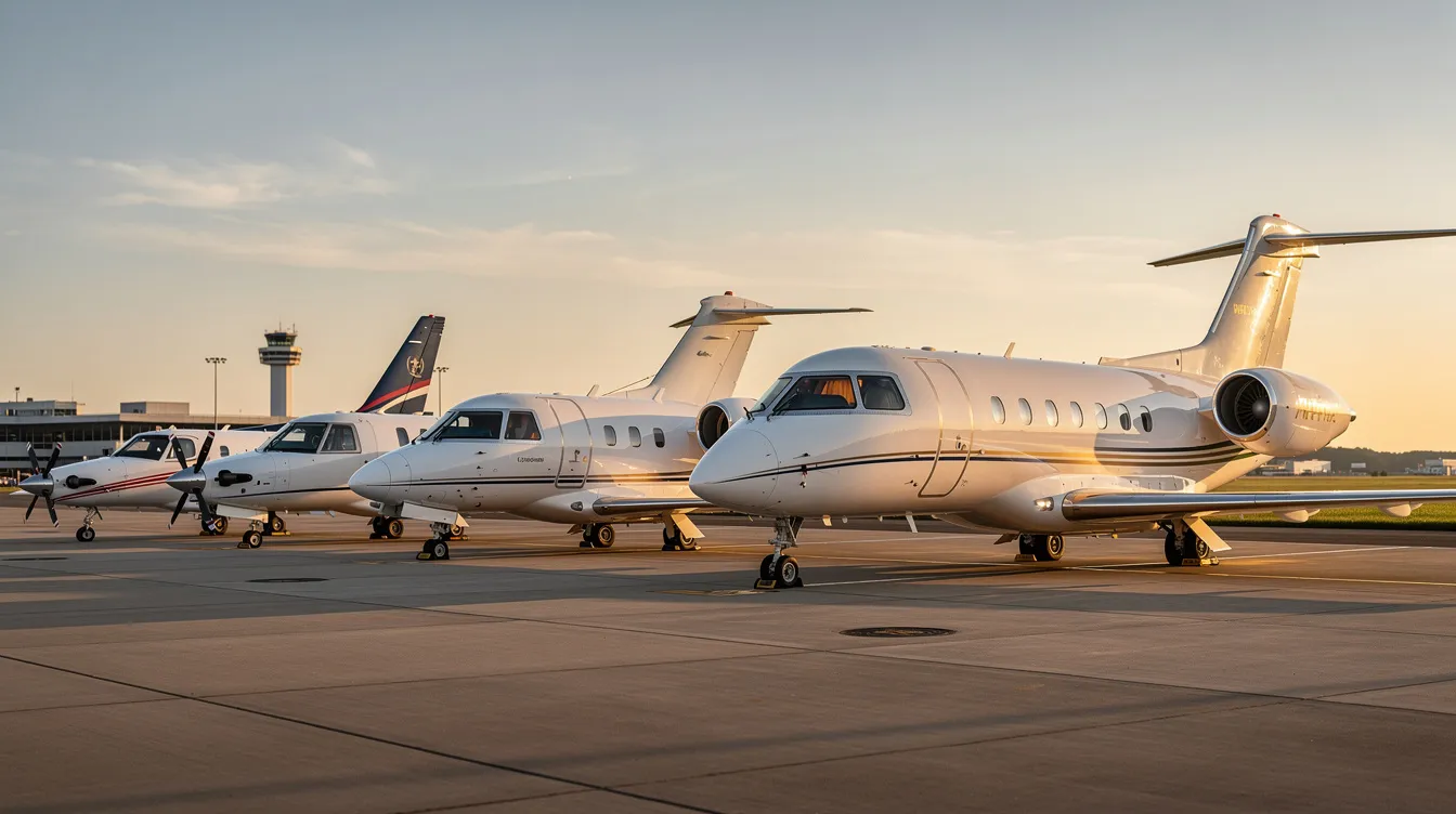 A row of various private aircraft is lined up on the airport ramp, showcasing a range from small turboprop planes to large business jets, highlighting the diversity of private aviation options available for charter flights and leisure travel. Each aircraft represents a unique opportunity for passengers seeking convenient and luxurious flight experiences.