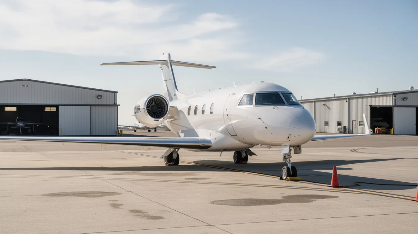 A private jet is parked on the tarmac at Buchanan Field Airport, with hangar buildings visible in the background. This general aviation location in Contra Costa County, California, serves various flights and aircraft services.