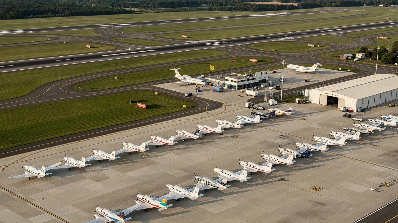 An aerial view shows Buchanan Field Airport in Contra Costa County, California, featuring multiple runways and a variety of small aircraft parked on the tarmac. The scene captures the bustling activity of general aviation flights and pilots preparing for departure.