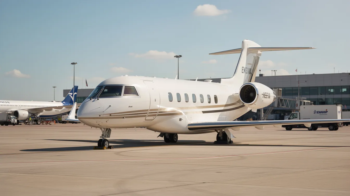 A private jet is parked on the tarmac of a busy airport during daylight, with various aircraft and personnel in the background, highlighting the vibrant aviation industry in Houston, Texas. This scene reflects the importance of safety and regulations in aviation operations, as overseen by the Federal Aviation Administration and other governing bodies.