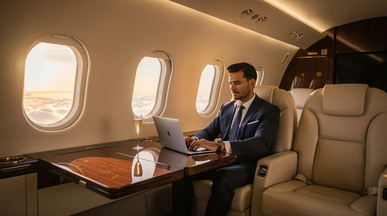 The image depicts a luxurious private jet soaring through a clear blue sky, offering breathtaking views of the landscape below. Passengers enjoy the comfort and freedom of scenic flight, making it the perfect way to explore the world in style.